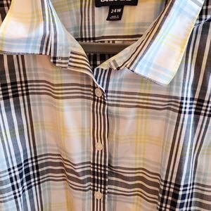 Lands' End Women's Plaid Button Down Shirt - Light Blue, Yellow, Black